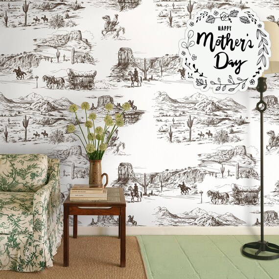 Western Wallpaper in Retro Comics Style, Desert Wall Decor with Vintage Cowboy and Horses