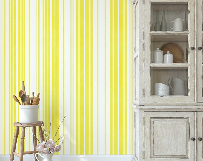 Yellow and White Striped Wallpaper, Stripes Wallpaper, Stripe Wall Mural