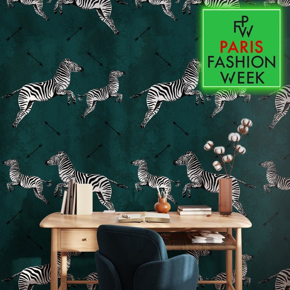 Zebra with Arrow Wallpaper, Savanna Animals Wall Mural, Green Flying Zebra Wallpaper, Zebras Wall Decor