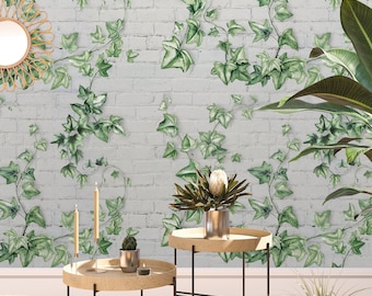 Climbing Green Ivy Leaves Wallpaper on Bricks with Birds and Butterflies, Watercolor Foliage Hedera Ivy Wall Decor