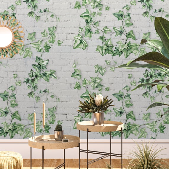 Climbing Green Ivy Leaves Wallpaper on Bricks with Birds and Butterflies, Watercolor Foliage Hedera Ivy Wall Decor