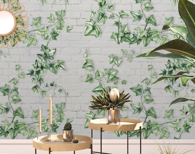Climbing Green Ivy Leaves Wallpaper on Bricks with Birds and Butterflies, Watercolor Foliage Hedera Ivy Wall Decor
