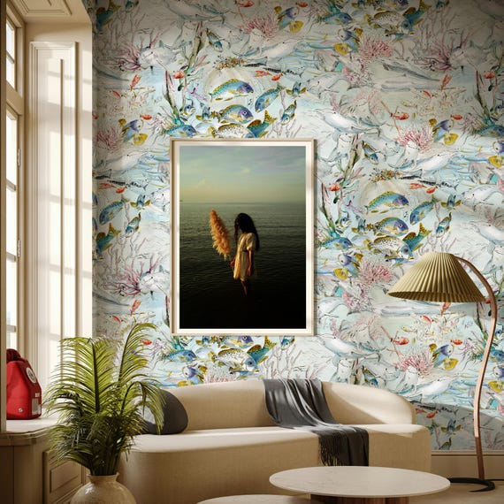 Watercolor Fishes Removable Wallpaper, Ocean Life Coastal Wall Art for Beach House Decor