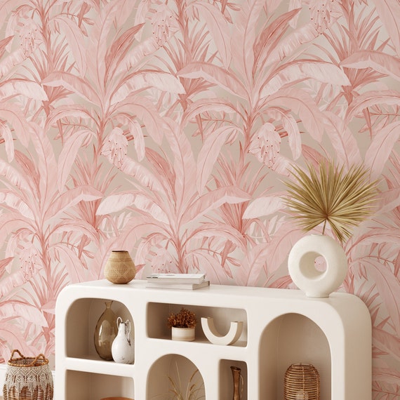 Pink Tropical Jungle Wallpaper, Unique Rose Gold Aesthetic Tropical Wall Decor, Palm Leaves Tropical Boho Decor in Blush Pink