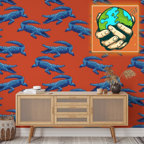 Orange Whimsical Crocodiles Wallpaper, Funky Wall Decor