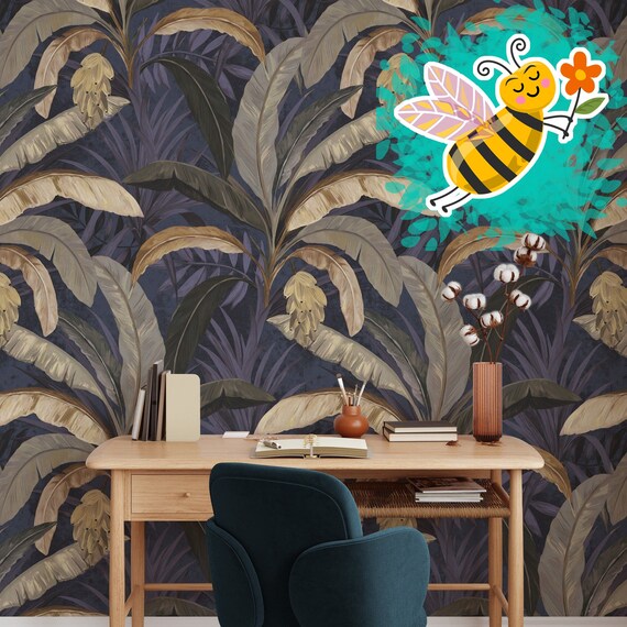 Tropical Jungle in Shades of Green - A Dark Green Banana Forest Wallpaper on Navy Blue Background, Mystical Banana Grove