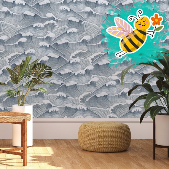 Hand-drawn Blue and White Japanese Wave Wallpaper - Serene Oceanic Wall Decor for a Zen Ambience, Whimsical Marine Wallpaper