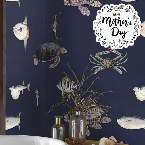 Dark Fish Wallpaper for Feature Wall, Whimsical Design Temporary Wall art, Cobalt Blue Decor