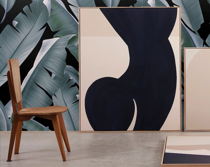 Black Leaves Tropical wallpaper, Palm Print Wall Art for Dark Tropical Decor