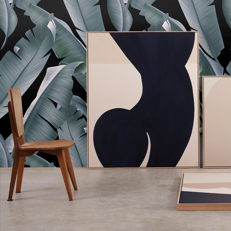 Tropisch behang met zwarte bladeren, muurkunst palmprint voor Dark Tropical Decor 50 sq ft / 5 mt2
