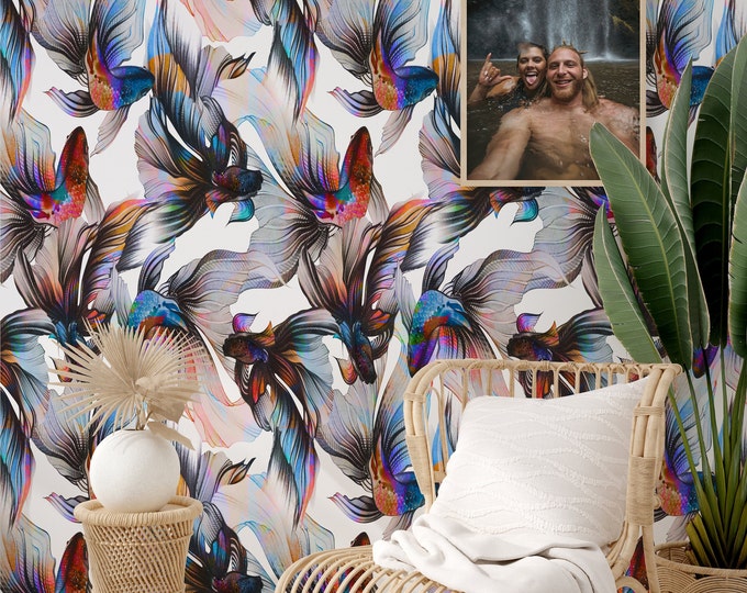 Watercolor Fish Wallpaper for Beach House Decor, Warm Color Art with Tropical Fishes