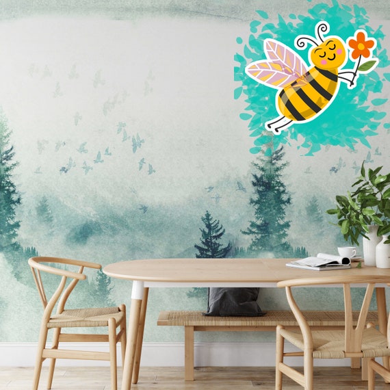 Extra Large Misty Mountain Watercolor wallpaper, the Mystery of Foggy Pine Forest Wallpaper
