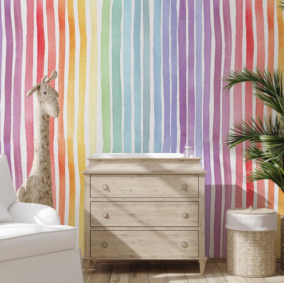 Pastel Rainbow Striped Wallpaper, Watercolor Paint Vertical Stripes Soft Color Kids Room Temporary Wall Art