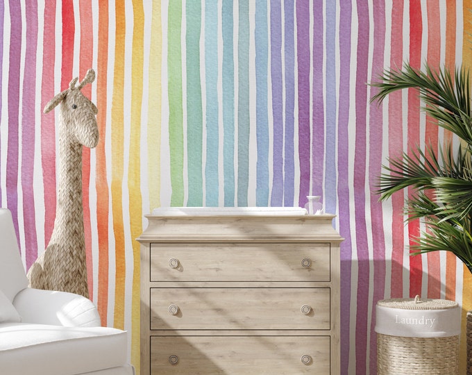 Pastel Rainbow Striped Wallpaper, Watercolor Vertical Stripes in Soft Colors for Kids Room and Nursery