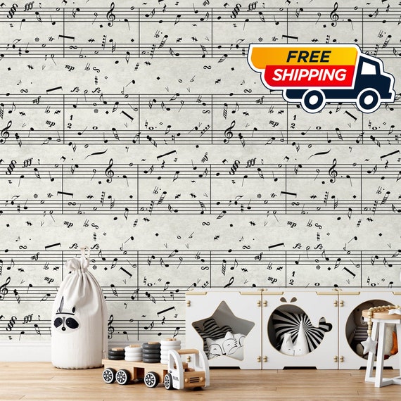 Nursery Decor Sheet Music Wallpaper, Black And White Music Notes Wall Art for Accent Wall