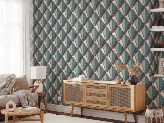 Vintage Inspired Art Déco Wallpaper, Golden Folding Fan Light Blue Wallpaper