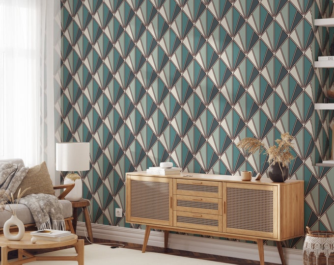 Vintage Inspired Art Déco Wallpaper, Golden Folding Fan Light Blue Wallpaper