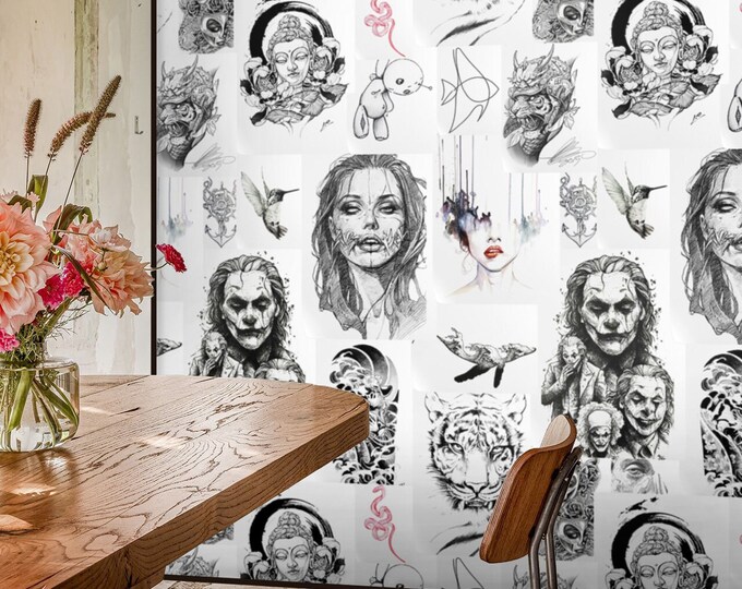 Black and White Modern Tattoo Shop Wallpaper, Hand Painted Sketch Illustration Barbershop Wall Art, Macabre decor