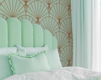 Vintage Inspired Art Déco Wallpaper, Golden Folding Fan Light Blue Wallpaper