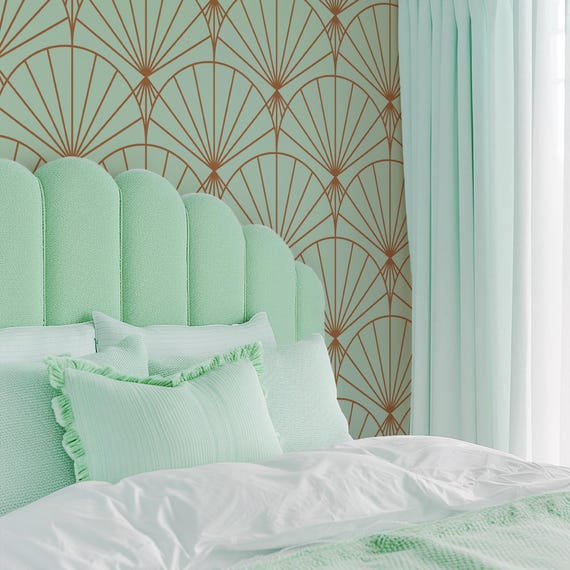 Vintage Inspired Art Déco Wallpaper, Golden Folding Fan Light Blue Wallpaper
