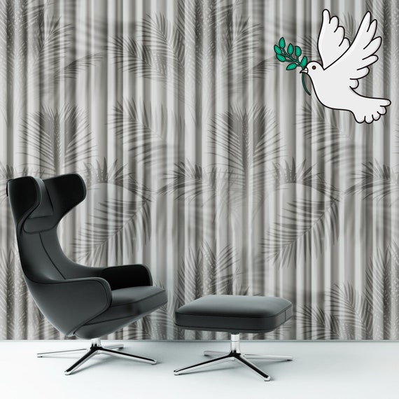 Grey Shadow Wallpaper Curtain Effect with Tropical Leaves, Modern Ombre Wall Art, Beach House Decor