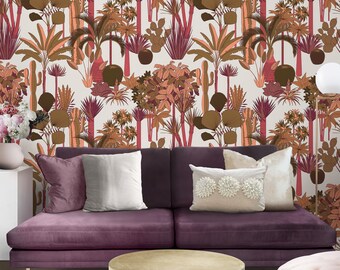 Floral Pink Leafs and Trees Jungle Wallpaper, Wild Rainforest Wall Decor, Garden Wall Art
