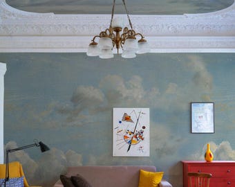 Painterly Sky and Cloud Wallpaper | Vintage Blue Skyscape Mural | Artistic Ceiling or Wall Decor | Eco-Friendly and Removable
