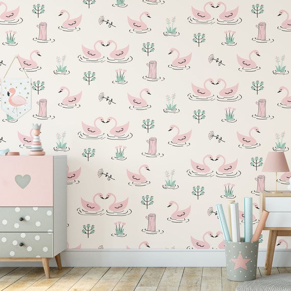 Swan Wallpaper for Nursery Decor, Pink Swans for Girl Bedroom