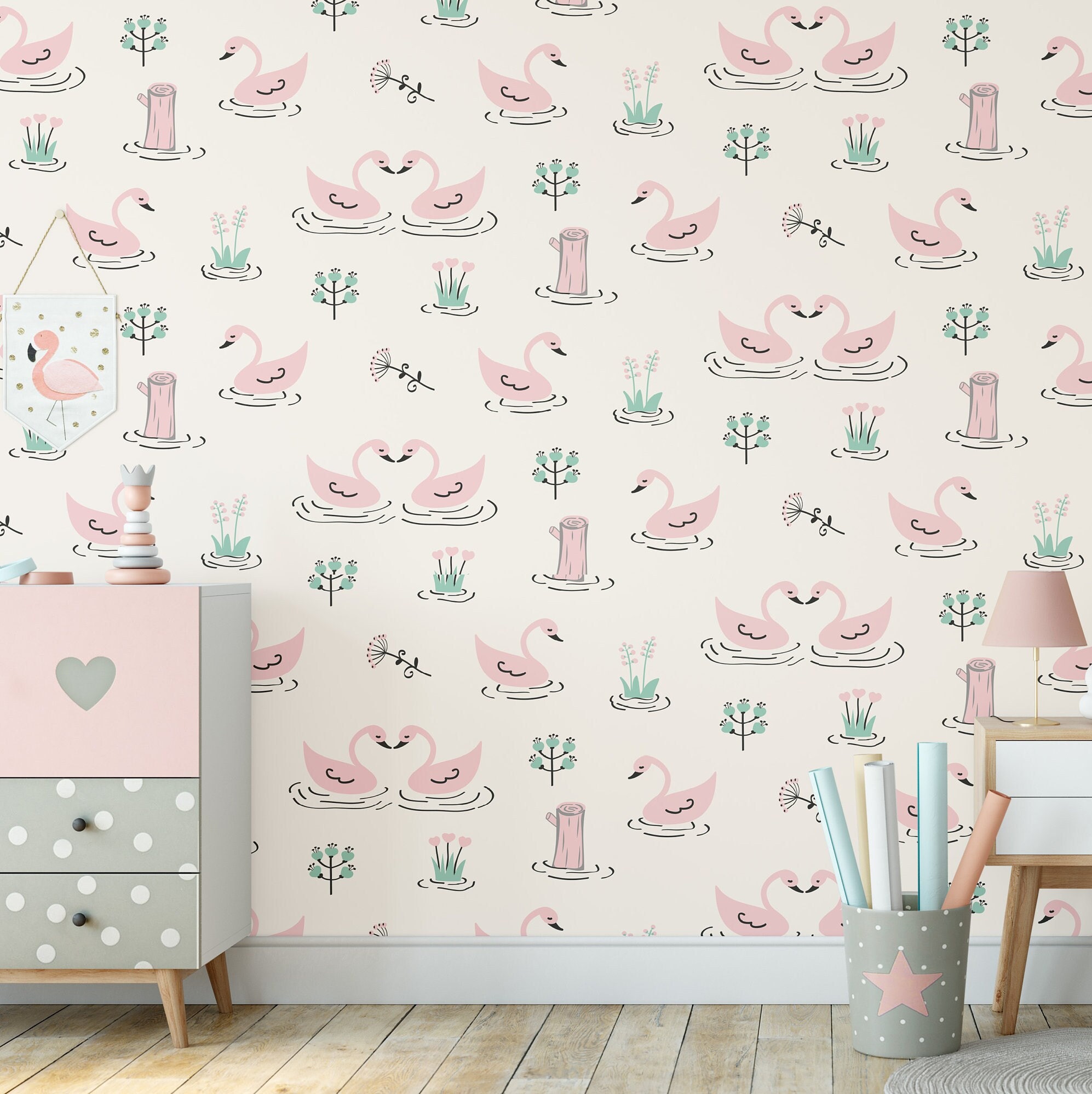 Swan Wallpaper for Nursery Decor, Pink Swans for Girl Bedroom Swan Wallpaper for Nursery Decor, Pink Swans for Girl Bedroom