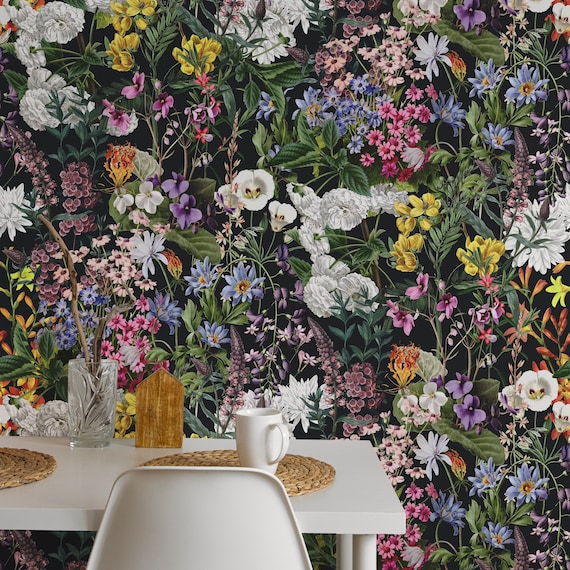 Dark Floral Botanical Wallpaper for Cottage Decor, Flower Wall Art, Vintage-Inspired Floral Mural, Cozy Rustic Interior Accent