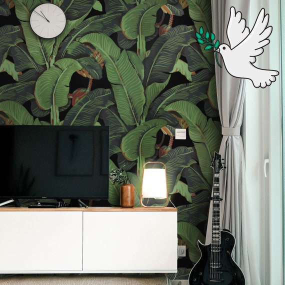 Create an Exotic Oasis with Our Black Background Banana Leaf Wallpaper | Stylish and Striking Design for a Bold Décor