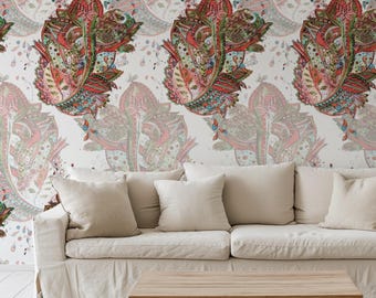 Indian Chintz Floral Wallpaper, Watercolor Paisley Pattern, Vintage Boho Wall Decor, Real Paper Wallpaper (Non-Pasted)