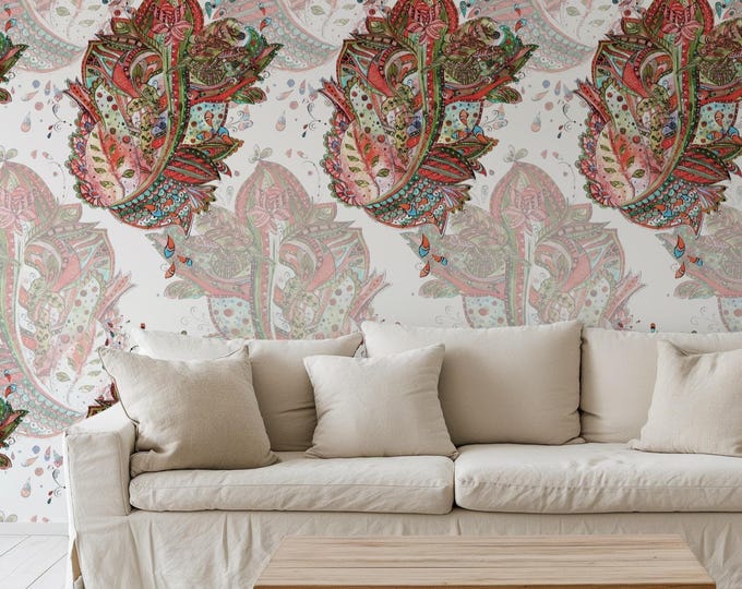 Indian Chintz Floral Wallpaper, Watercolor Paisley Pattern, Vintage Boho Wall Decor, Real Paper Wallpaper (Non-Pasted)