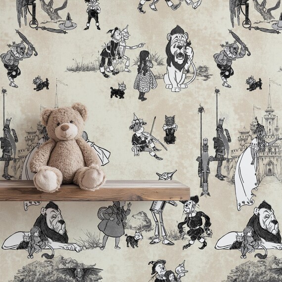 Wizard of Oz Wallpaper, Vintage Storybook Mural with Dorothy and Friends on Real Eco Paper – Lion, Scarecrow & Tin Man Wall Decor
