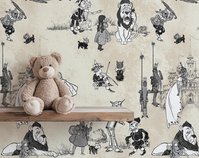 Wizard of Oz Wallpaper, Vintage Storybook Mural with Dorothy and Friends on Real Eco Paper – Lion, Scarecrow & Tin Man Wall Decor