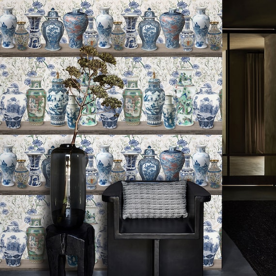 Chinoiserie Wallpaper with Ming Vases, Elegant Chinese Vase Wallpaper, Exquisite Oriental Decor, Premium Blue and White Vintage Wall Decor