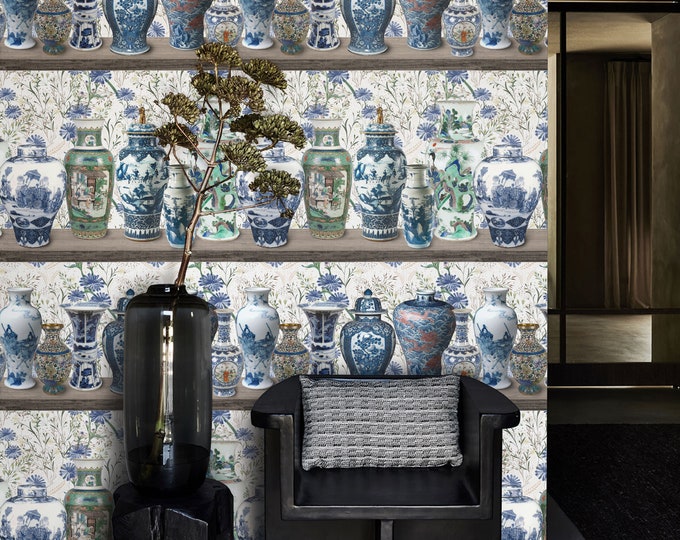 Chinoiserie Wallpaper with Ming Vases, Elegant Chinese Vase Wallpaper, Exquisite Oriental Decor, Premium Blue and White Vintage Wall Decor