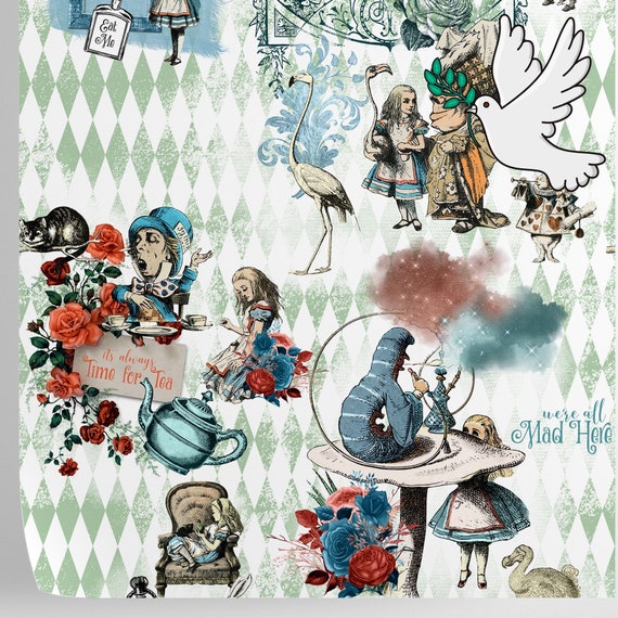 Alice in Wonderland Whimsical Wallpaper, Watercolor Art Alice Wall Decor, Colorful Cartoon Wall Art
