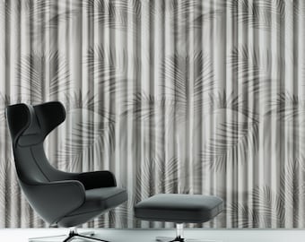 Grey Shadow Wallpaper Curtain Effect with Tropical Leaves, Modern Ombre Wall Art, Beach House Decor