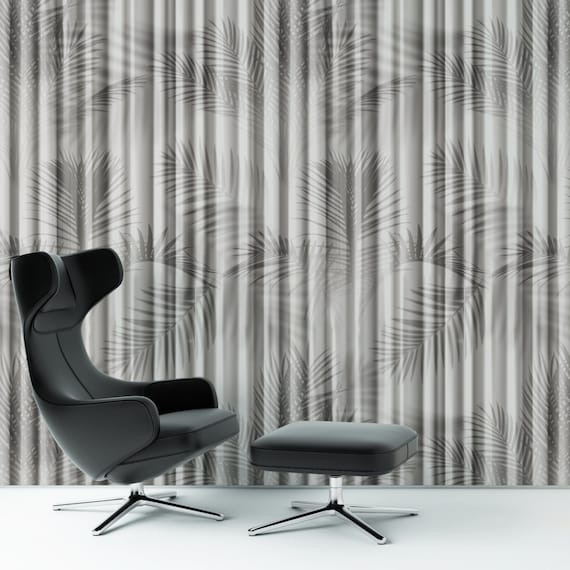Grey Shadow Wallpaper Curtain Effect with Tropical Leaves, Modern Ombre Wall Art, Beach House Decor