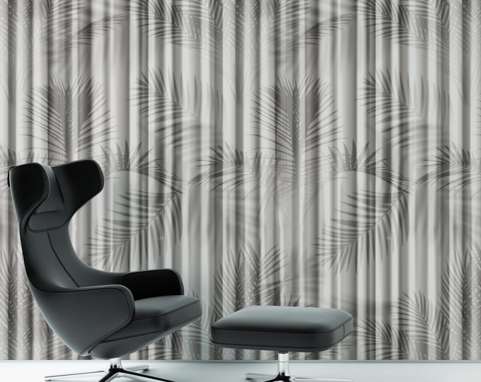 Grey Shadow Wallpaper Curtain Effect with Tropical Leaves, Modern Ombre Wall Art, Beach House Decor