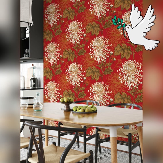 Red and White Floral Print Asian Illustration Chrysanthemum Wallpaper, Feng Shui Chinoiserie Decor