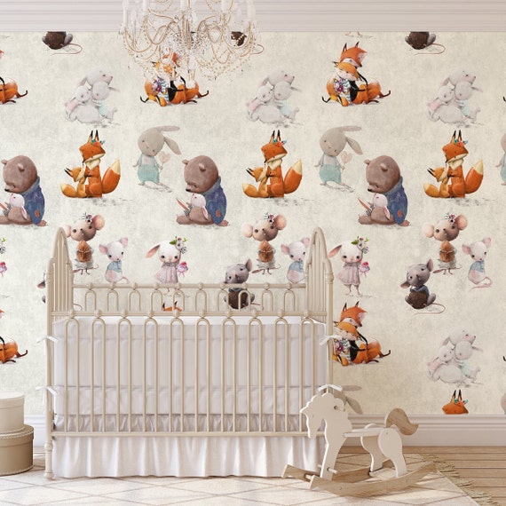 Enchanted Woodland Wallpaper, Delightful Animal Friends in Soft Pastels, Perfect for Nurseries and Playrooms