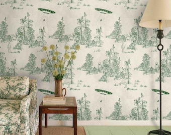 Alien Abduction Toile de Jouy Wallpaper in Green, Sci-Fi Vintage Wallpaper with UFO Scenes for Living Room