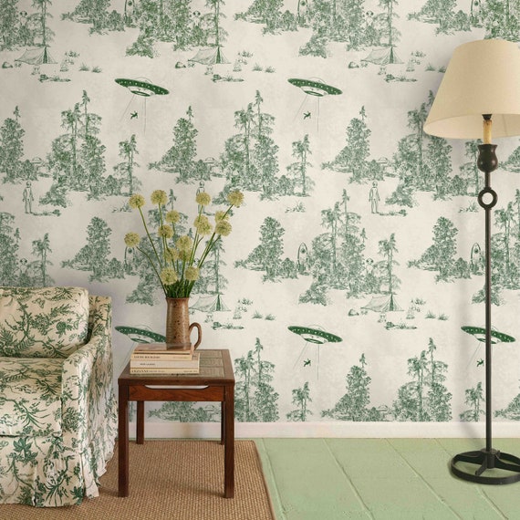 Alien Abduction Toile de Jouy Wallpaper, UFO & Sci-Fi Scenes Wall Decor in Classic Green and White Design, Eco-Friendly