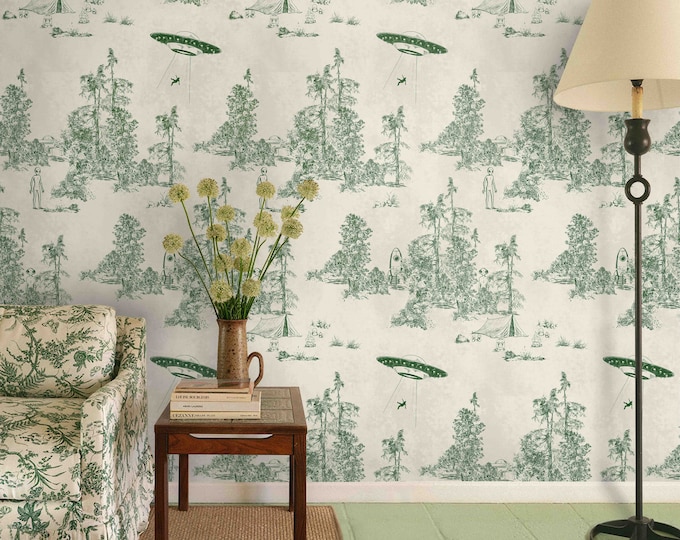 Alien Abduction Toile de Jouy Wallpaper in Green, Sci-Fi Vintage Wallpaper with UFO Scenes for Living Room