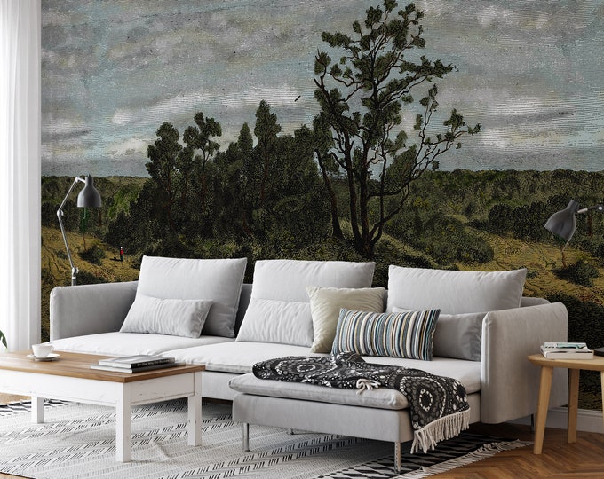 Extra Large Vintage Forest Wallpaper, Landscape in Classic Old Style Trees Wallpaper, Panoramic Wall Mural