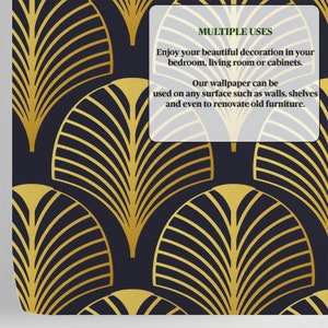 May include: Gold and black geometric wallpaper with a repeating pattern of stylized leaves. The text "MULTIPLE USES" is in green text. The text below reads "Enjoy your beautiful decoration in your bedroom, living room or cabinets. Our wallpaper can be used on any surface such as walls, shelves and even to renovate old furniture."
