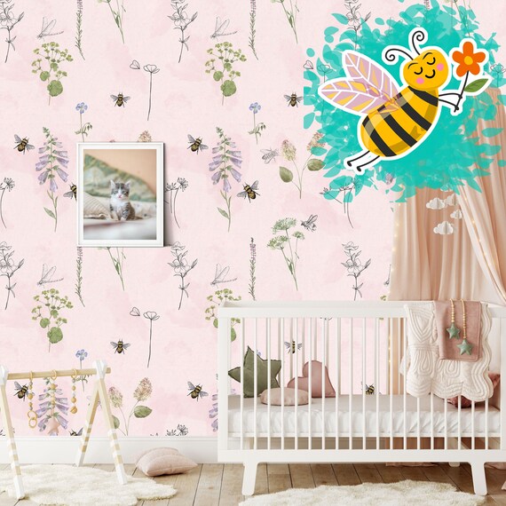 Blush Pink Watercolor Meadow Wallpaper, Jolie Floral Soft Color Nursery Wall Decor, Bee Girls Room Pastel Wall Art