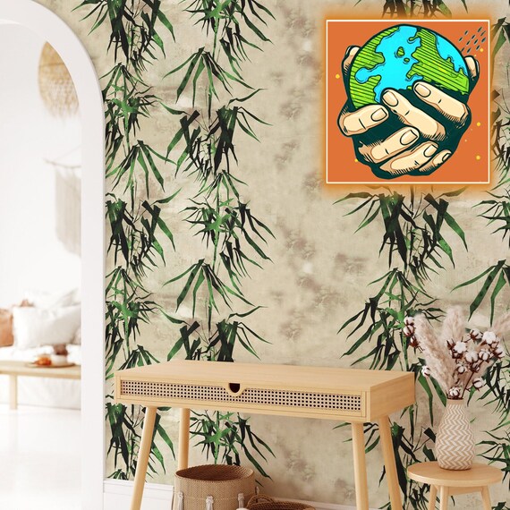 Chinoiserie Decor Bamboo Forest Beige Wallpaper, Japanese Tropical Bamboo Trees Green Wall Decor